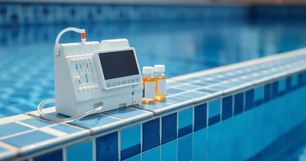 Kit de teste de água com frascos de reagente na borda da piscina