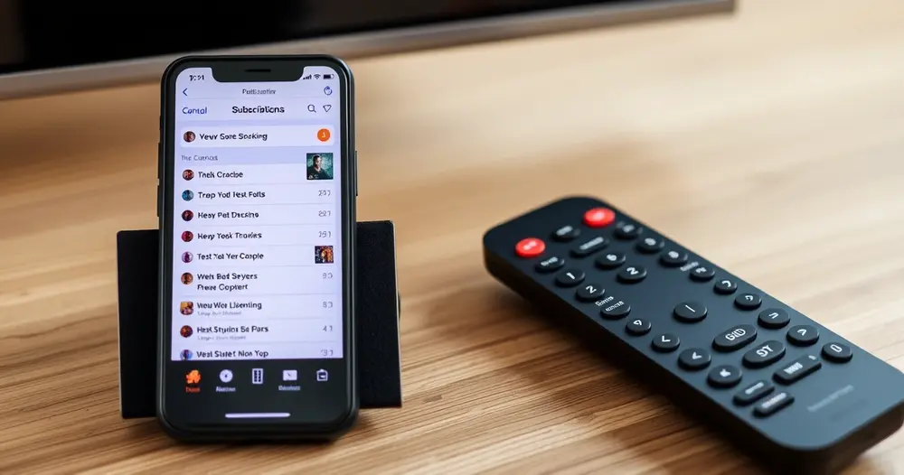 celular exibindo lista de assinaturas ao lado do controle remoto