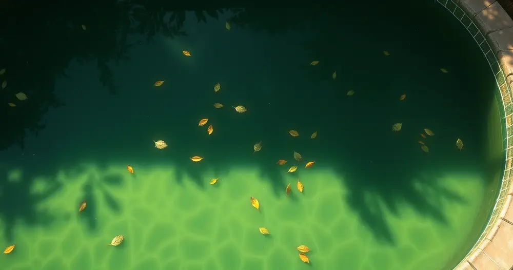 Piscina com água esverdeada em quintal ensolarado