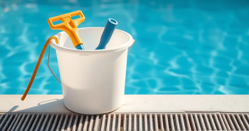 Balde e utensílios de tratamento ao lado da borda de uma piscina