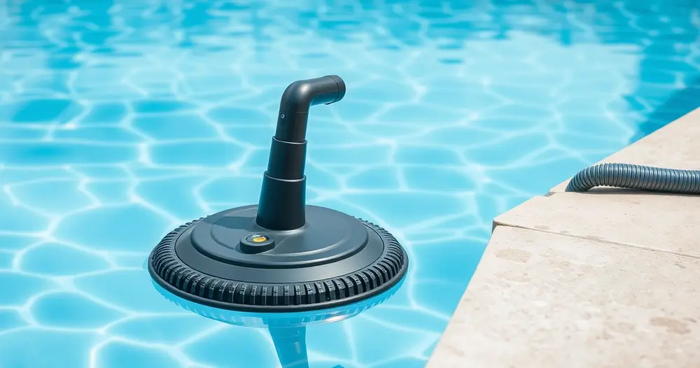 Aspirador de piscina apoiado na borda com água transparente ao fundo