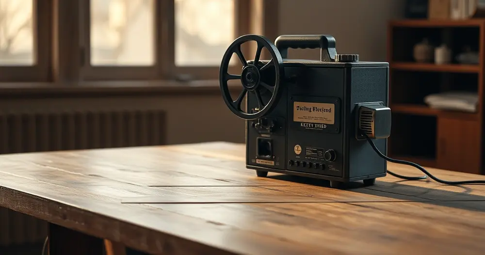 projetor de cinema antigo sobre mesa de madeira em sala escura