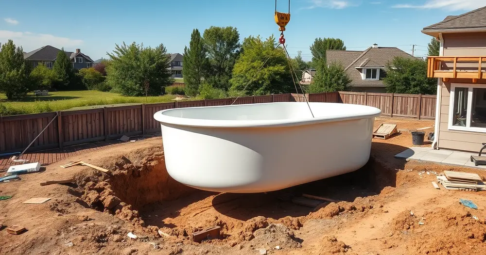 Piscina de fibra sendo posicionada por guindaste em terreno residencial