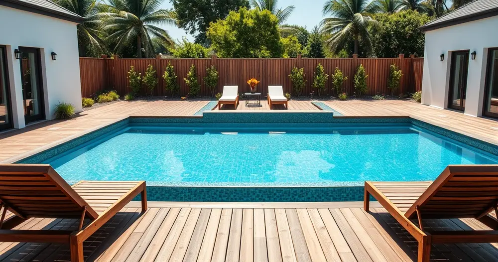 Piscina retangular em quintal residencial com deck de madeira
