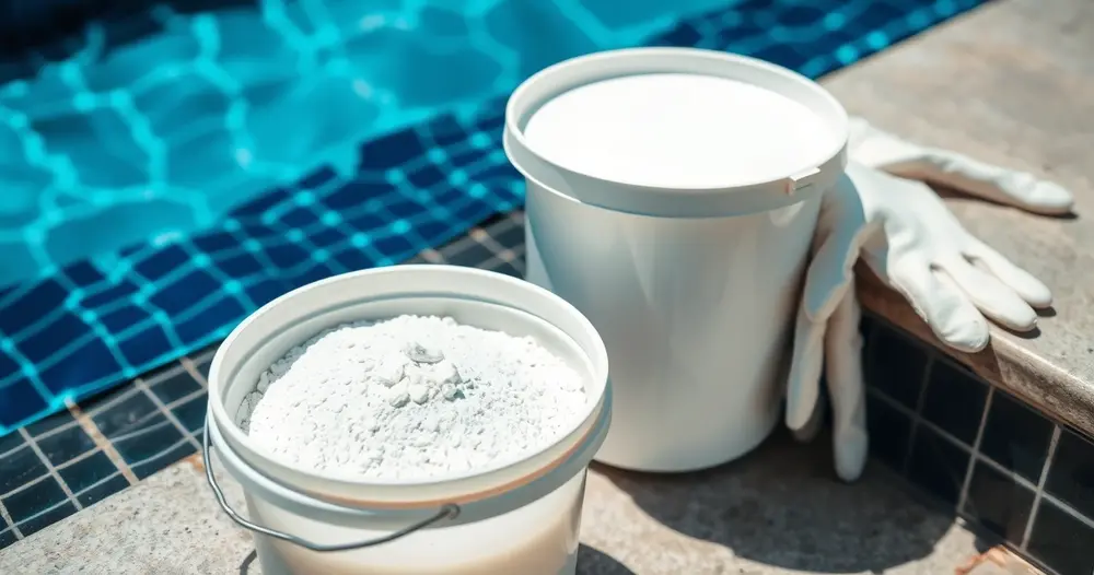 Balde com produto granulado ao lado da borda de uma piscina